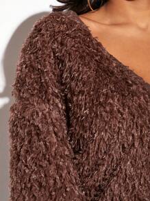 SHEIN SXY V-Neck Drop Shoulder Teddy Pullover