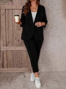 SHEIN LUNE Große Größe Hose & Blazer Schalkragen, offener Front
