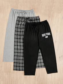 大碼3入組格紋&字母圖案腰部打結睡褲 - 彩色 - 查看 2