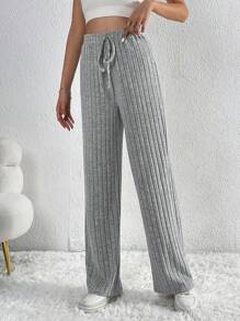 SHEIN Tall Dây thắt lưng Đồ đan Ribbed Nút phía trước Quần ống rộng - Xám - Xem 7