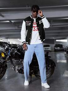 Manfinity VCAY Áo khoác Varsity họa tiết chữ cỡ lớn hai tông màu dành cho nam, dành cho mùa thu đông - màu đen - Xem 5