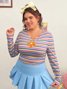 SHEIN MOD Plus Striped Print Notched Neck Tee - Multicolor - View 1