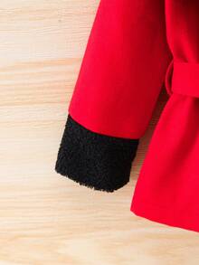 SHEIN 女小童1入組拼接羊絨領口腰帶花呢外套適用於聖誕 - 紅色 - 查看 5
