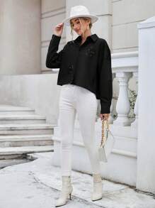 SHEIN Essnce 素色刺繡前紐扣落肩袖襯衫 - 黑色 - 查看 1