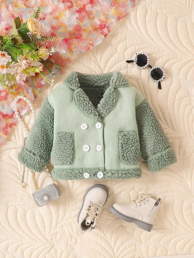 Girls Baby Double Breasted Teddy Lined Double Breasted Dual Pocket Jacket