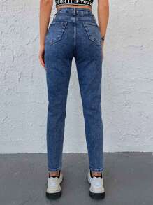 EURMUSE 98%Cotton Solid Slant Pocket Mom Fit Jeans - Blue - View 2