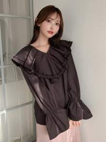 FRIFUL Ruffle Trim Flare Sleeve Blouse - Coffee Brown - View 7