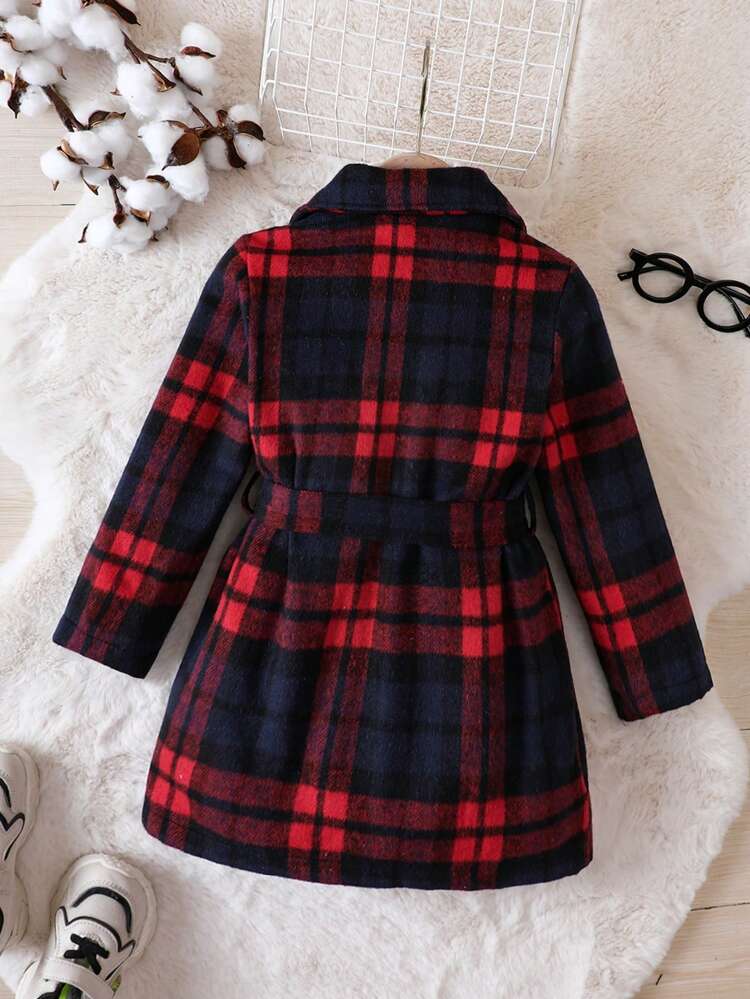 Young Boy Plaid Double Breasted Belted Tweed Overcoat Without Sweater