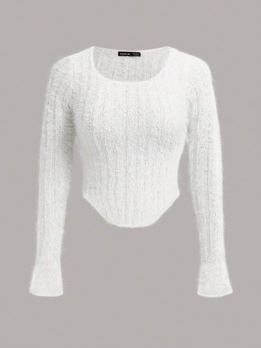 SHEIN EZwear Áo len dệt kim có viền cong mềm mịn - trắng - Xem 1