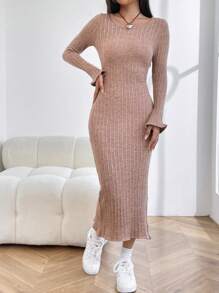 SHEIN EZwear Vestido de punto unicolor tejido de canalé - Marrón - Ver 4