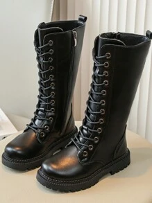 雙兒童冬季靴子適合女孩和男孩，2023 年新款公主風格小女孩高幫及膝靴 - 黑色 - 查看 1