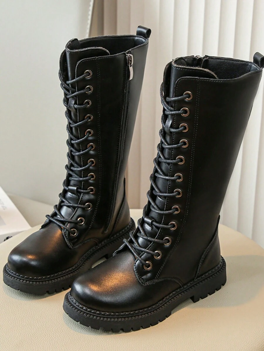 雙兒童冬季靴子適合女孩和男孩，2023 年新款公主風格小女孩高幫及膝靴 - 黑色 - 查看 1