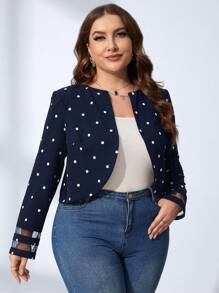 SHEIN Clasi Plus Polka Dot Print Mesh Insert Open Front Jacket - Navy Blue - View 6
