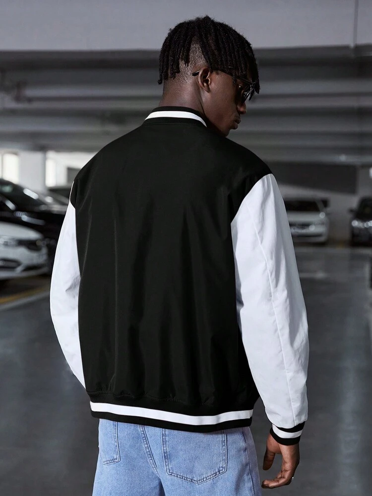 Oversized Men's Letter Graphic Two-Tone Varsity Jacket, For Fall Winter