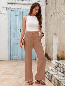 Beautiful Nomad Solid Drawstring Waist Wide Leg Pants - Mocha Brown - View 7