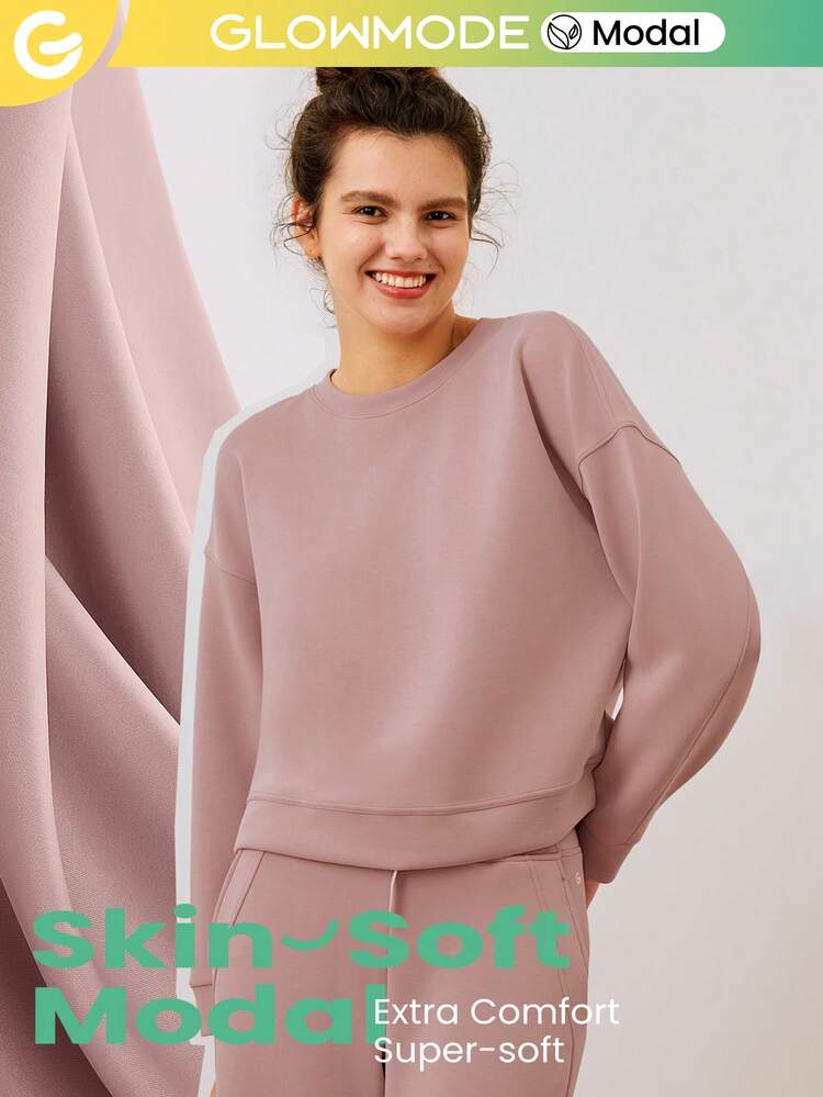 Modal Silky Smooth Loose Drop Shoulder Crew Neck Side Slits Sweatshirt With Thumbholes Daily Casual  Spring Summer