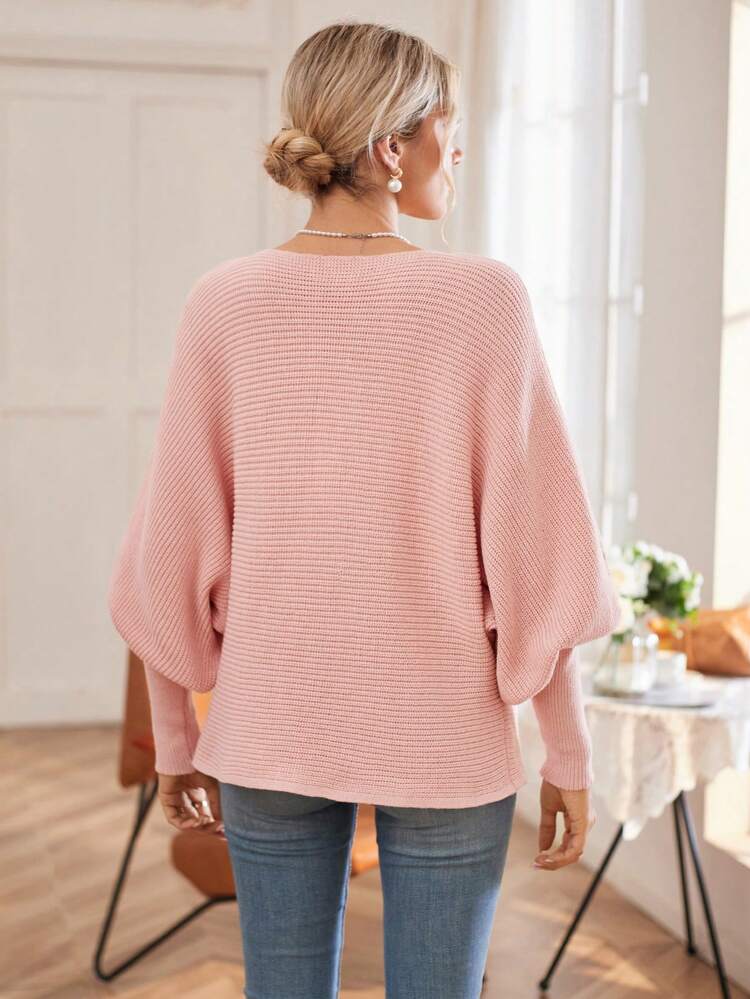 Solid Batwing Sleeve Knit Pullover Fall Winter Sweater