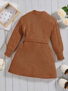 女小童麻花編織腰帶毛衣洋裝 - 棕色 - 查看 2