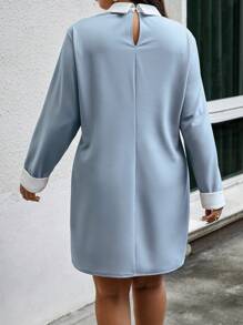 Celure Plus Pearls Beaded Contrast Collar Pearls Beaded Contrast Collar Dress - Baby Blue - View 2