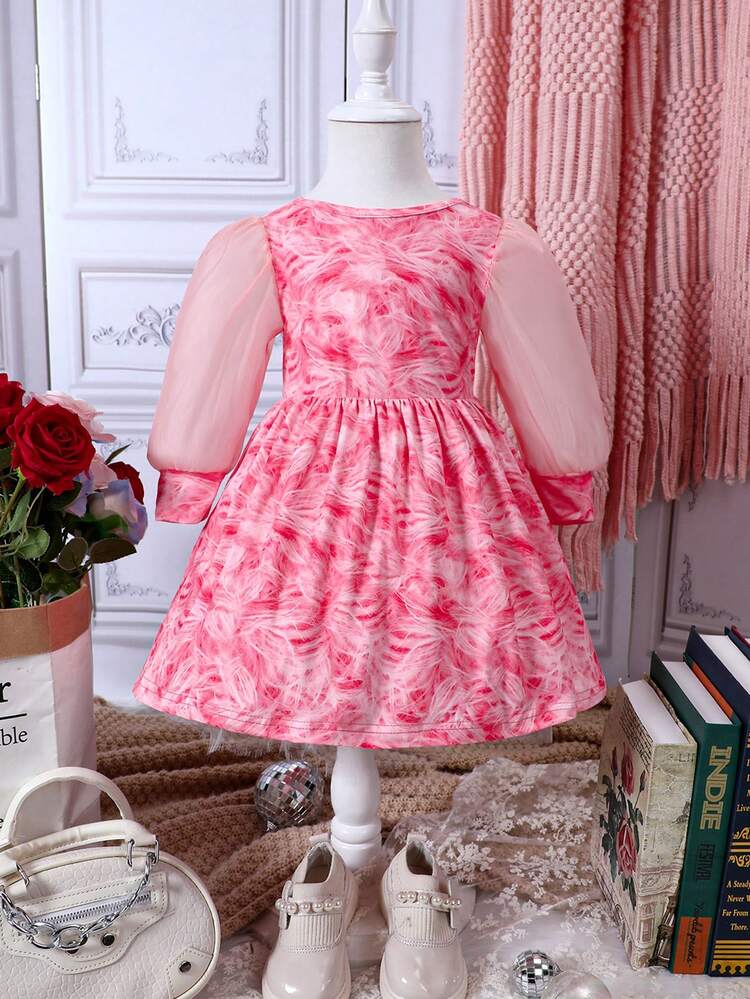 Baby Girl Random Print Contrast Mesh Sleeve Dress