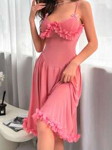 SHEIN Camisón largo con superposición de malla y ribete de volantes - Rosa vieja - Ver 6