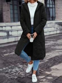 SHEIN LUNE Zip Up Hooded Longline Quilted Coat - Black - View 5