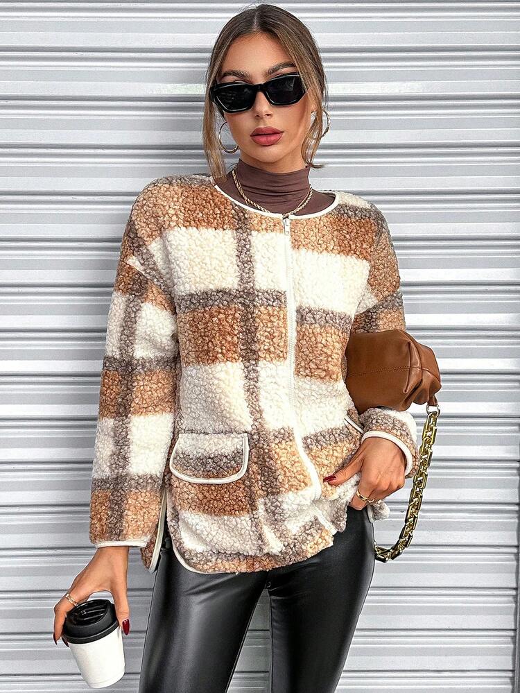 Plaid Print Drop Shoulder Teddy Coat