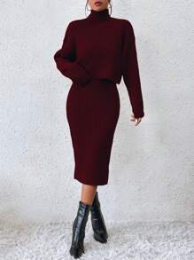 Chiquease Turtleneck Drop Shoulder Sweater & Knit Dress Fall Winter Cloth For Women - Burgundy - View 5