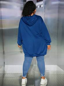 SHEIN CURVE+ Plus Size Zip Up Drop Shoulder Drawstring Sweatshirt - Blue - View 2