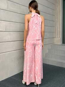 SHEIN Privé Allover Print Halter Top & Wide Leg Pants - Pink - View 2