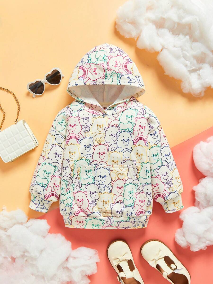 SHEIN X Care Bears Young Girl Cute Cartoon Bear Allover Print Oversized Casual Hooded Long Sleeve Sweatshirt - Khaki - View 1