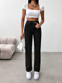 RueChic High Waist Ripped Detail Straight Leg Jeans - Black - View 3