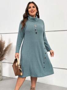 EMERY ROSE Plus Turtleneck Button Detail Ribbed Knit Dress - Green - View 4