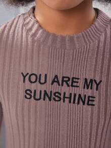 Tween Girl Slogan Graphic Ribbed Knit Flare Hem Dress - Dusty Pink - View 3