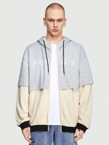 ROMWE MEN Street Life Men Letter Print Drop Shoulder Drawstring Hooded 2 In 1 Jacket - Grey - View 1