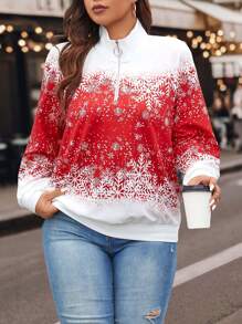 Calvaya 加大码圣诞印花插肩袖半拉链套头卫衣秋季卫衣 - 彩色 - 查看 1