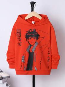 SHEIN Áo nỉ in hình chữ và số Nhật Bản dành cho bé trai tuổi teen - trái cam - Xem 1