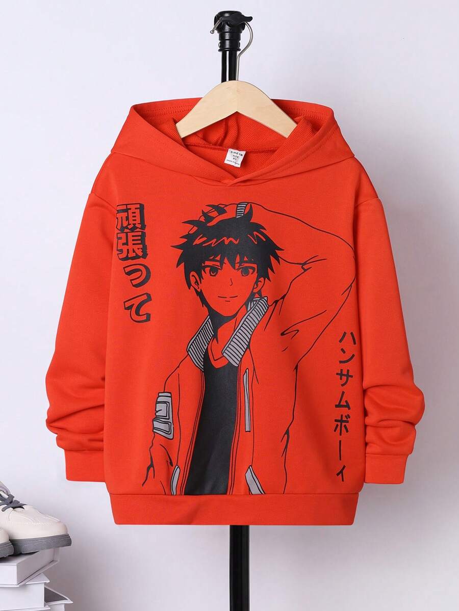 SHEIN Áo nỉ in hình chữ và số Nhật Bản dành cho bé trai tuổi teen - trái cam - Xem 1