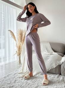 SHEIN Cottnline Slogan Graphic Ribbed Knit Lounge Set - Brown - View 5