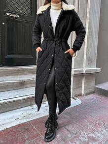 EURMUSE Women's Contrast Color Lapel Long Sleeve Single-Breasted Long Casual Winter Jacket - Black and White - View 4