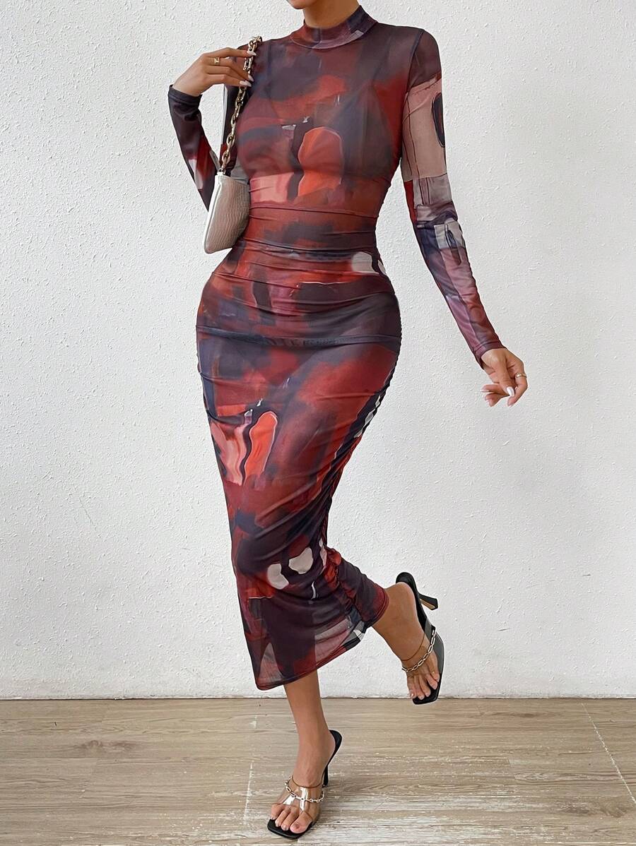 Zolique Allover Print Mock Neck Bodycon Dress - Multicolor - View 1