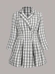 SHEIN Unity 加格子印花雙排扣大衣 - 白色 - 查看 1