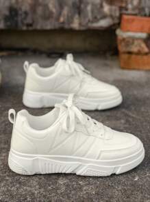 休閒平底滑冰鞋防滑女式時尚透氣白色厚底運動鞋 - 白色 - 查看 4