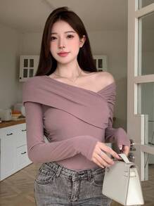 DAZY Áo thun dài tay dáng suông Bardot xếp ly, thích hợp mặc đi chơi mùa thu cho nữ. - Màu tím - Xem 4