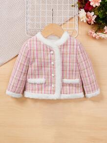 SHEIN Baby Girl Plaid Pattern Contrast Fuzzy Trim Tweed Overcoat - Pink - View 1