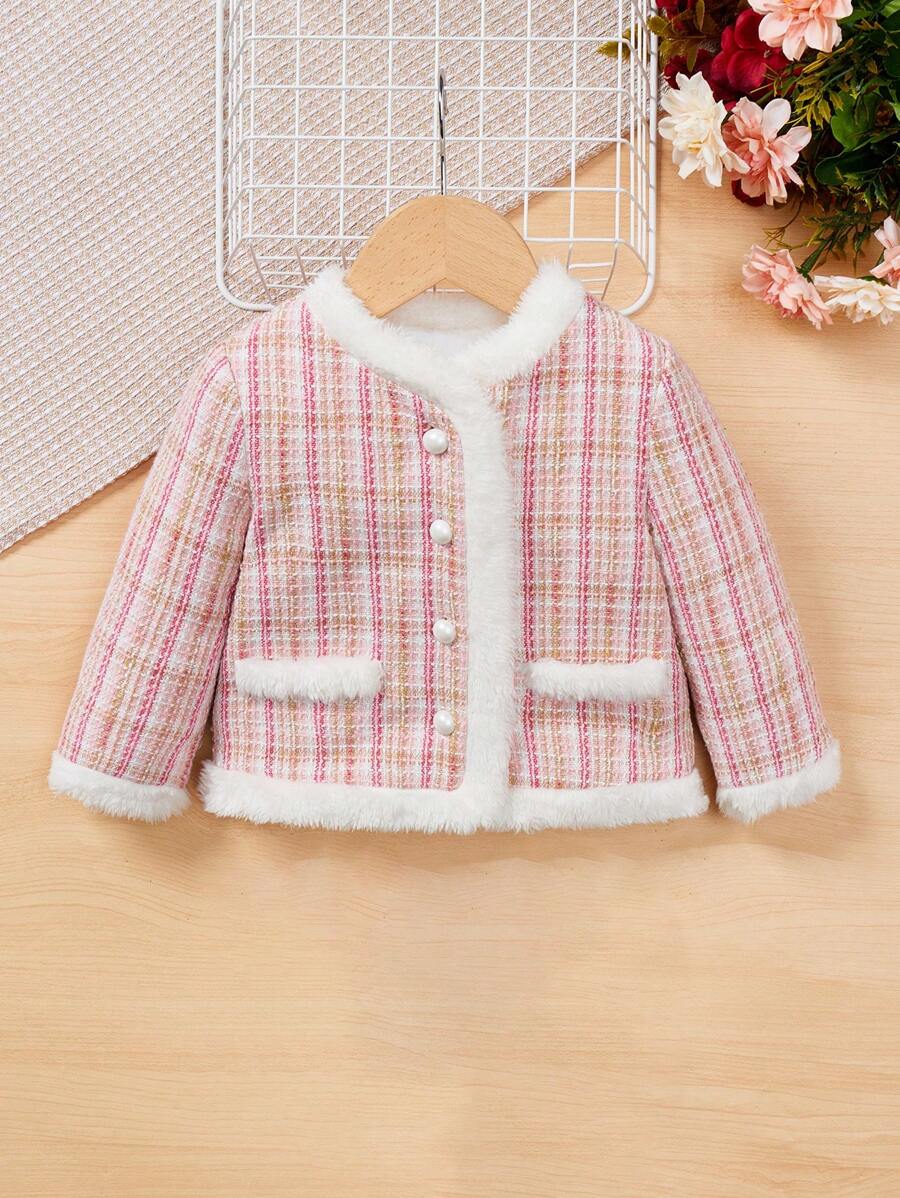 SHEIN Baby Girl Plaid Pattern Contrast Fuzzy Trim Tweed Overcoat - Pink - View 1