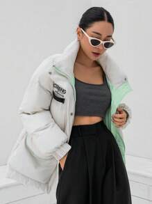 DAZY Letter Graphic Slant Pocket Puffer Thick Pockets Coat ,Winter Women Clothes,Winter Coat Women