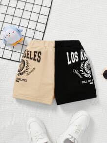 SHEIN Tween Girl Two Tone Letter Graphic Shorts - Khaki - View 1