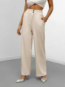 SHEIN Privé Solid Slant Pocket Wide Leg Suit Pants - Apricot - View 4