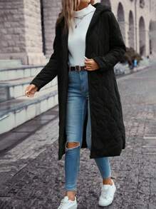 SHEIN LUNE Zip Up Hooded Longline Quilted Coat - Black - View 4